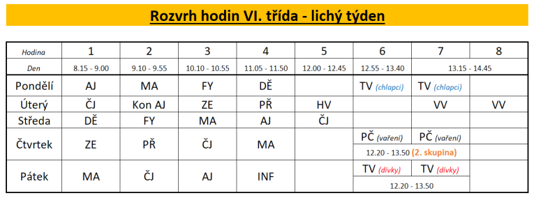 Rozvrh hodin lichý týden