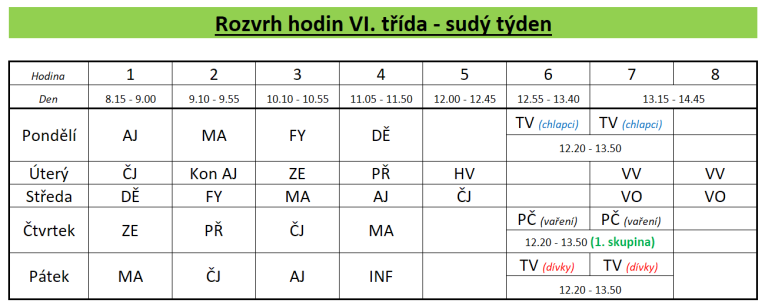 Rozvrh hodin sudý týden